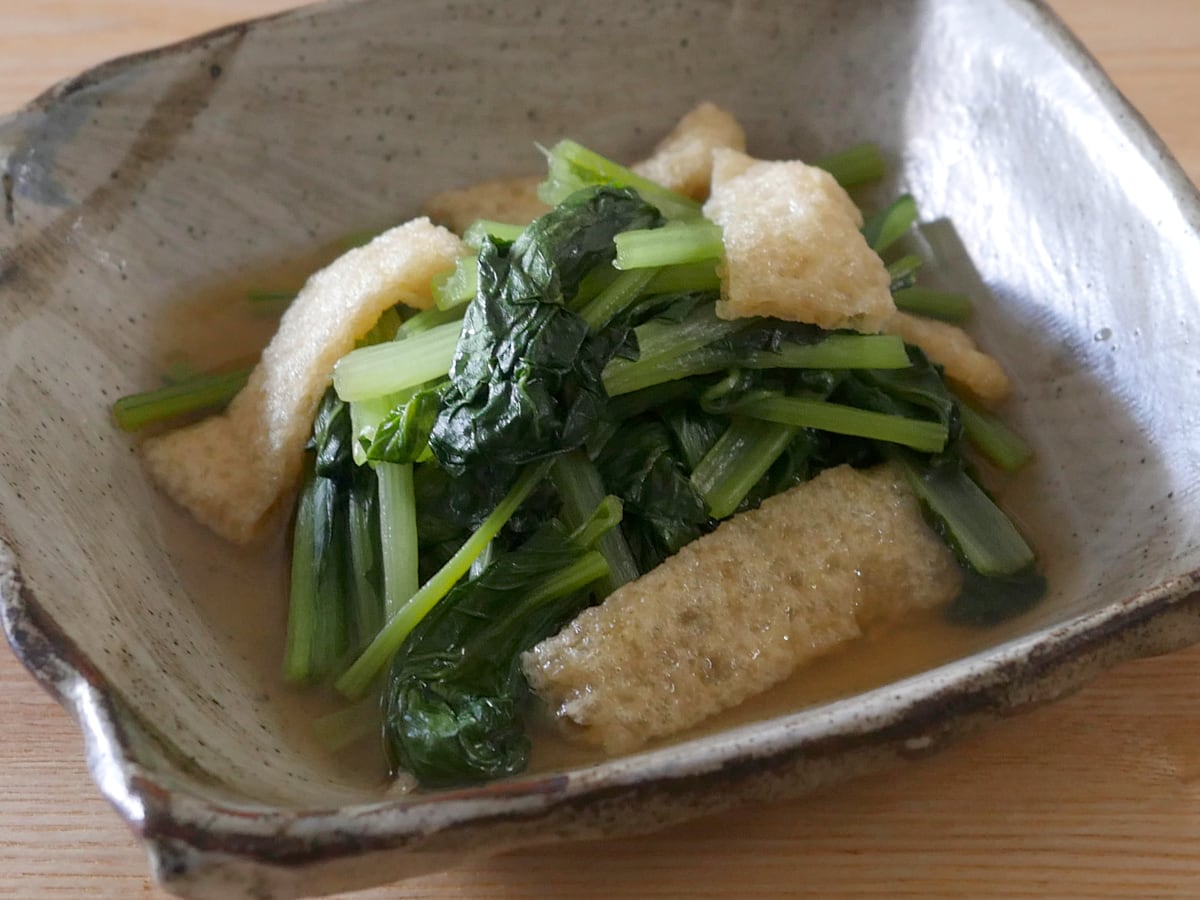 コストコ　マルキン食品　熊本名産　南関あげ　使用例：小松菜と南関あげの煮浸し