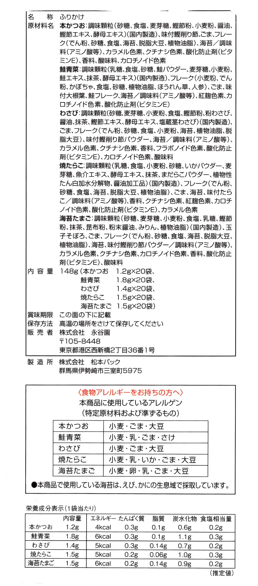 永谷園　おとなのふりかけ　業務用　商品ラベル（原材料・カロリーほか）